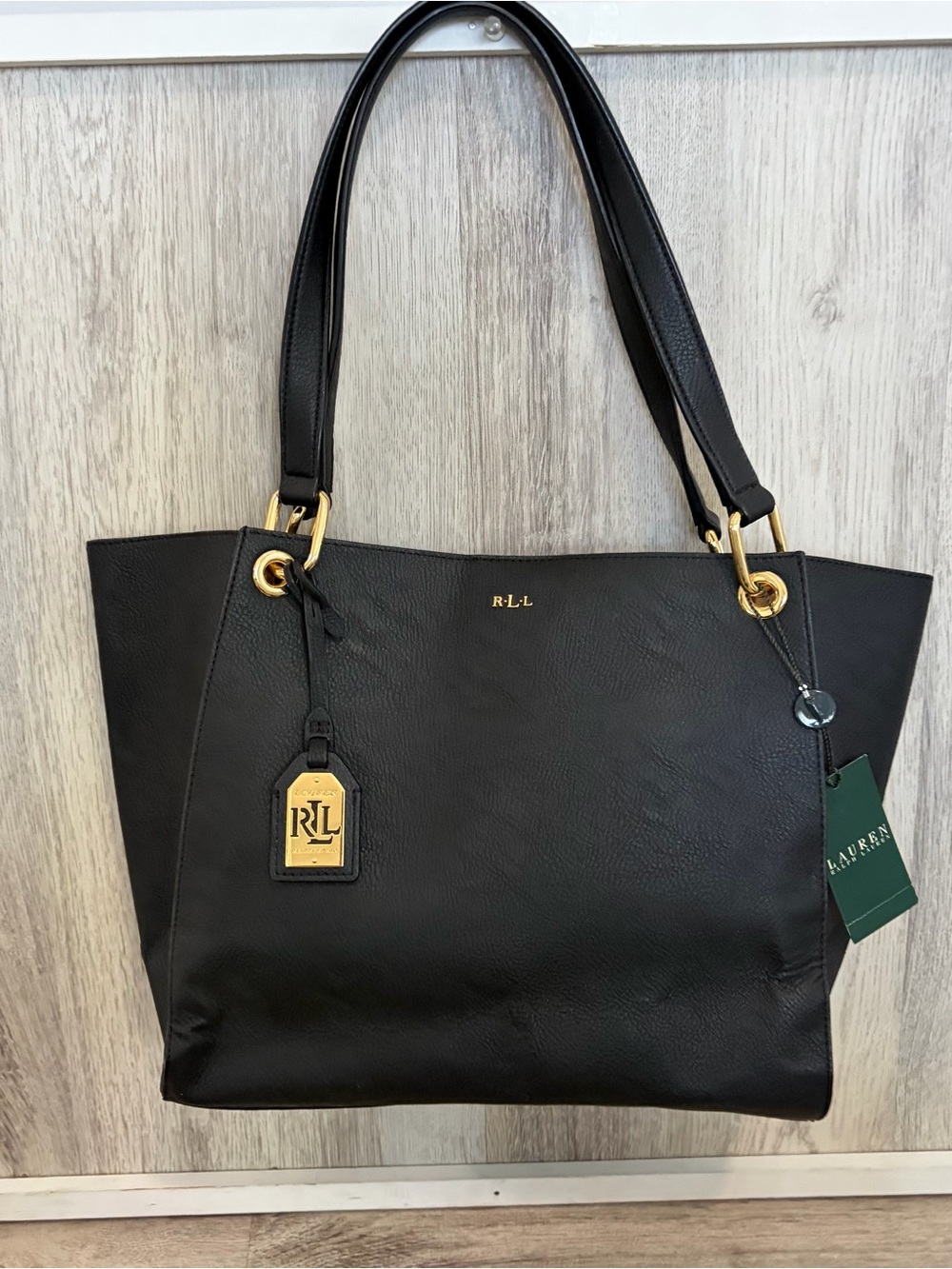 Ralph Lauren Aiden Tote Bag Purse Shoulder Pebble Women Vegan Leather Black New